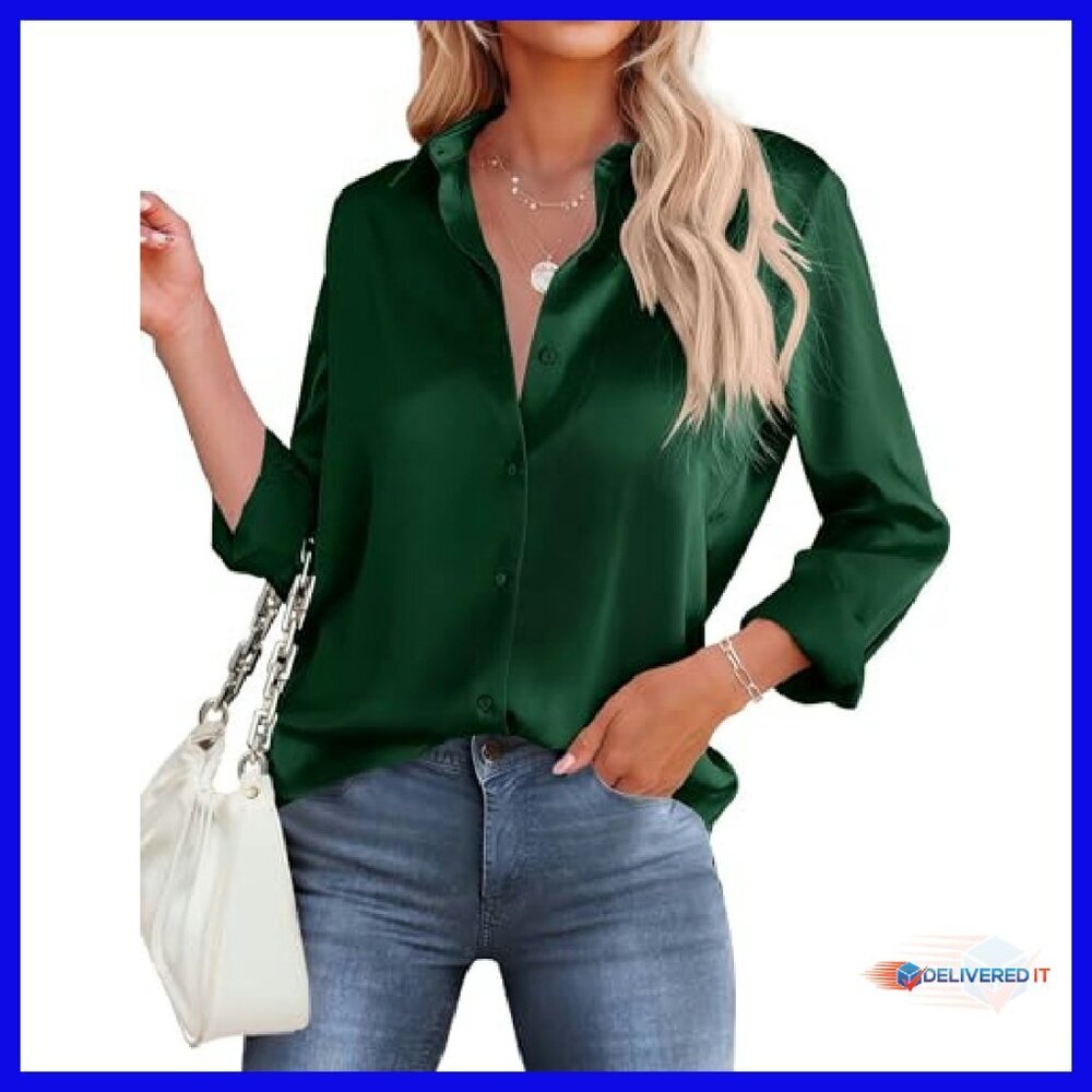 Satin Silk Button Down Blouse Loose Fit Long Sleeve V Neck Tunic - Picture 2 of 8